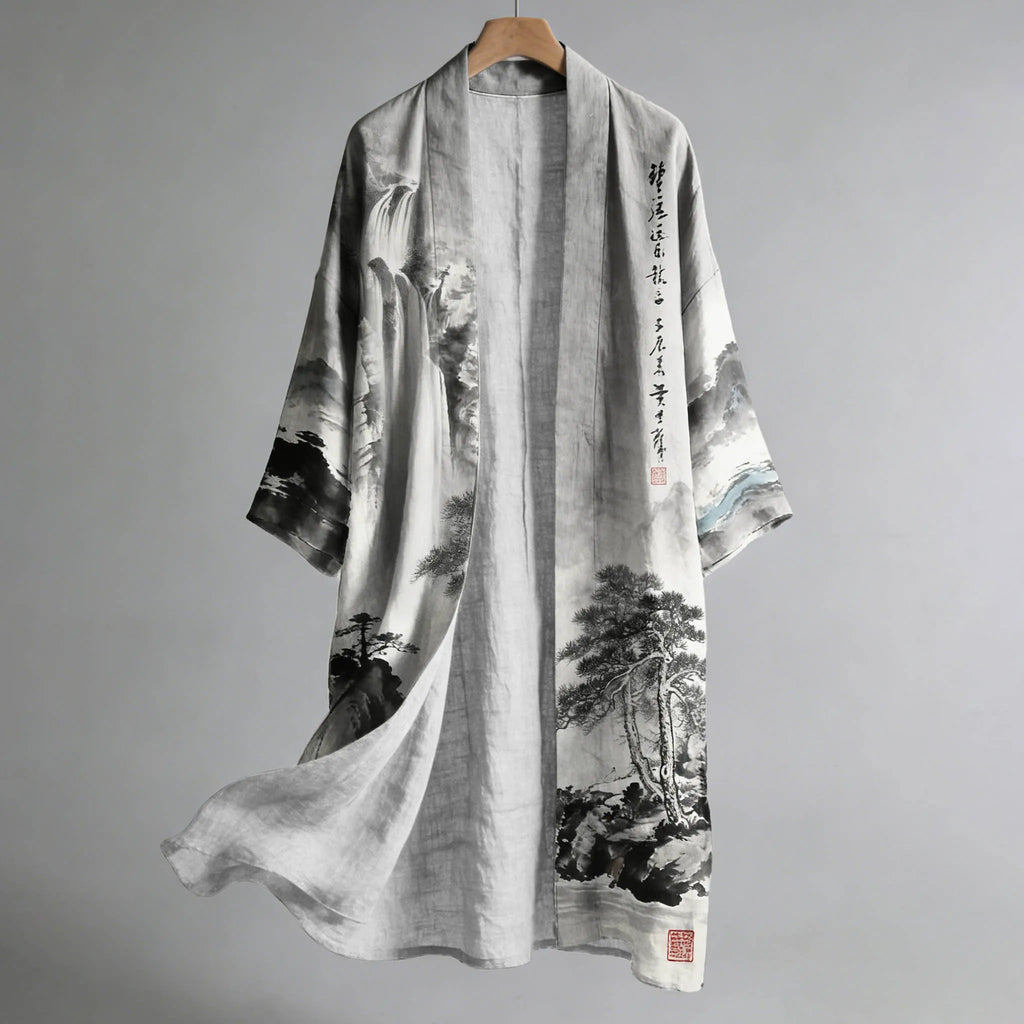 Men's Retro Landscape Painting Art Linen Long Kimono