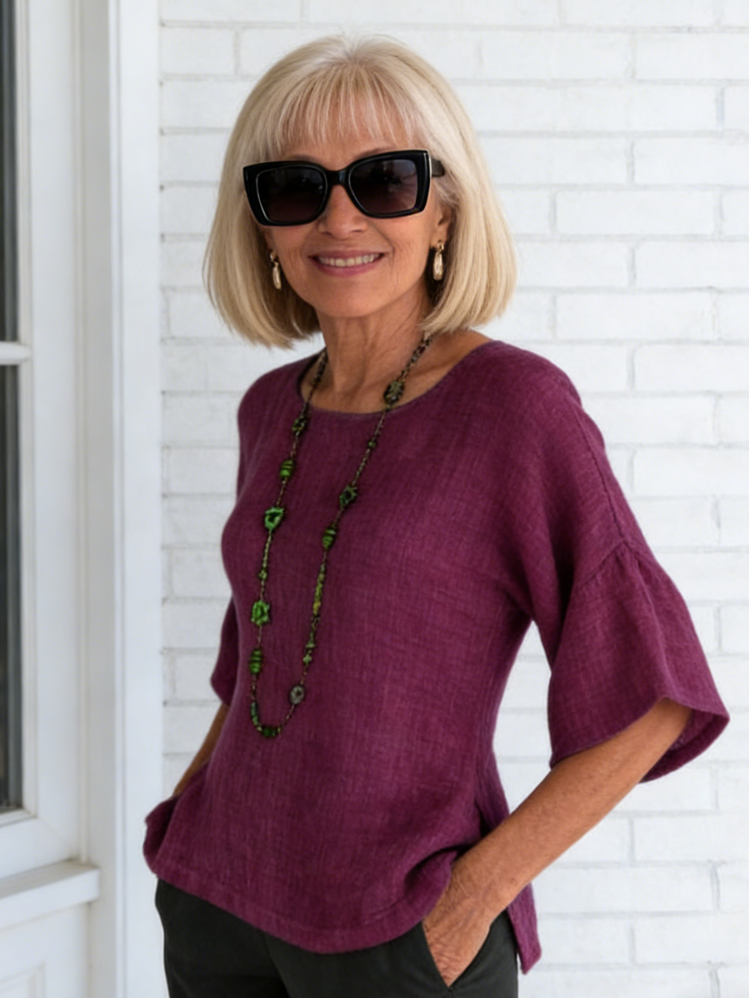 Three-Quarter Sleeve Round Neck Cotton and Linen Shirt