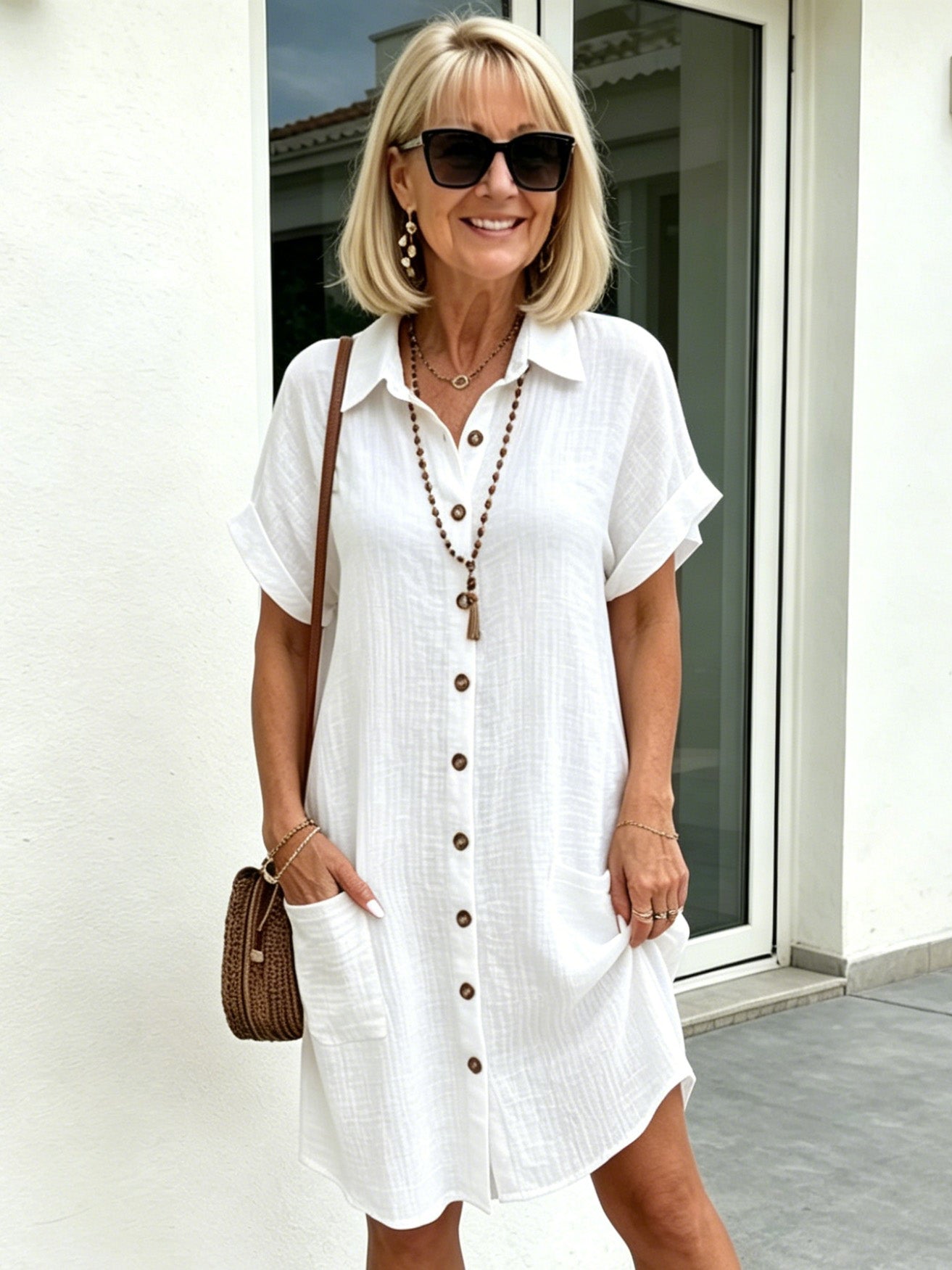 Solid Color Shirt Dress Simple, Made of Breathable, Featuring a Lapel Collar and Orderly Button Arrangement That Adds a Vintage Charm