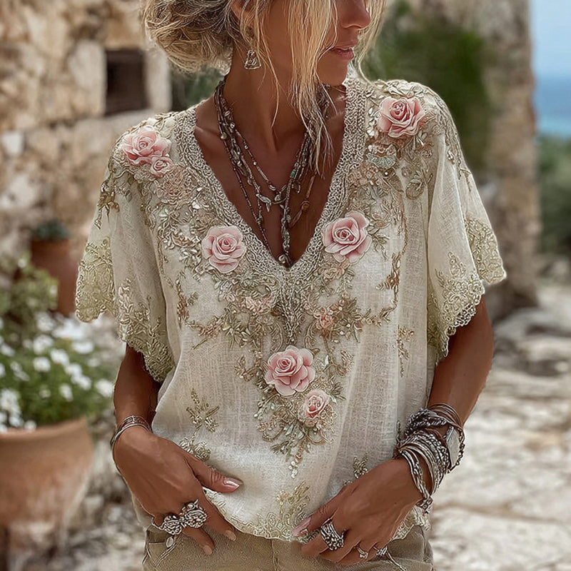 Women's Pink Roses Embroidered Art V-neck Short Sleeve Linen Blend T-shirt