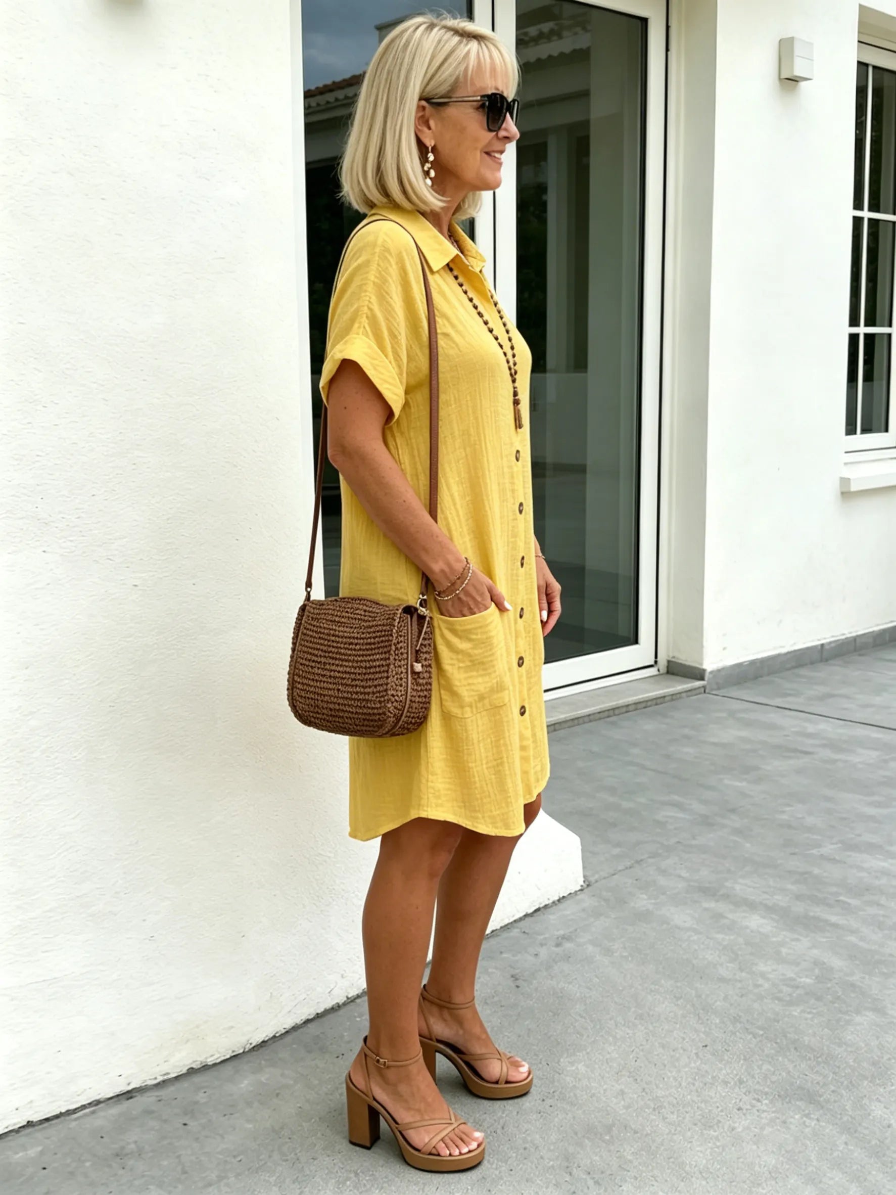 Solid Color Shirt Dress Simple, Made of Breathable, Featuring a Lapel Collar and Orderly Button Arrangement That Adds a Vintage Charm