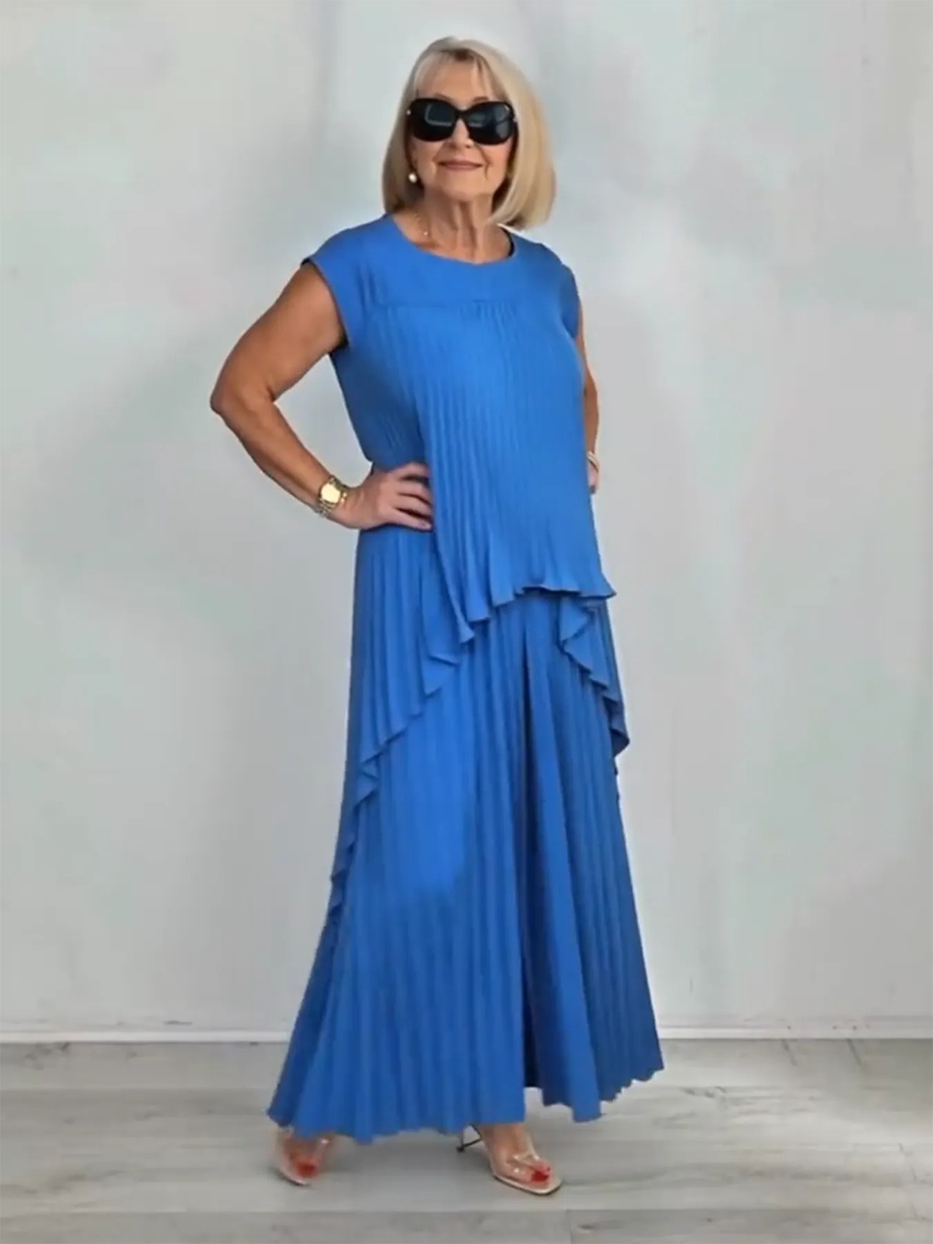 2Pcs Crew Neck Solid Color Sleeve Top Pleated Straight Pants Set Two-piece Set