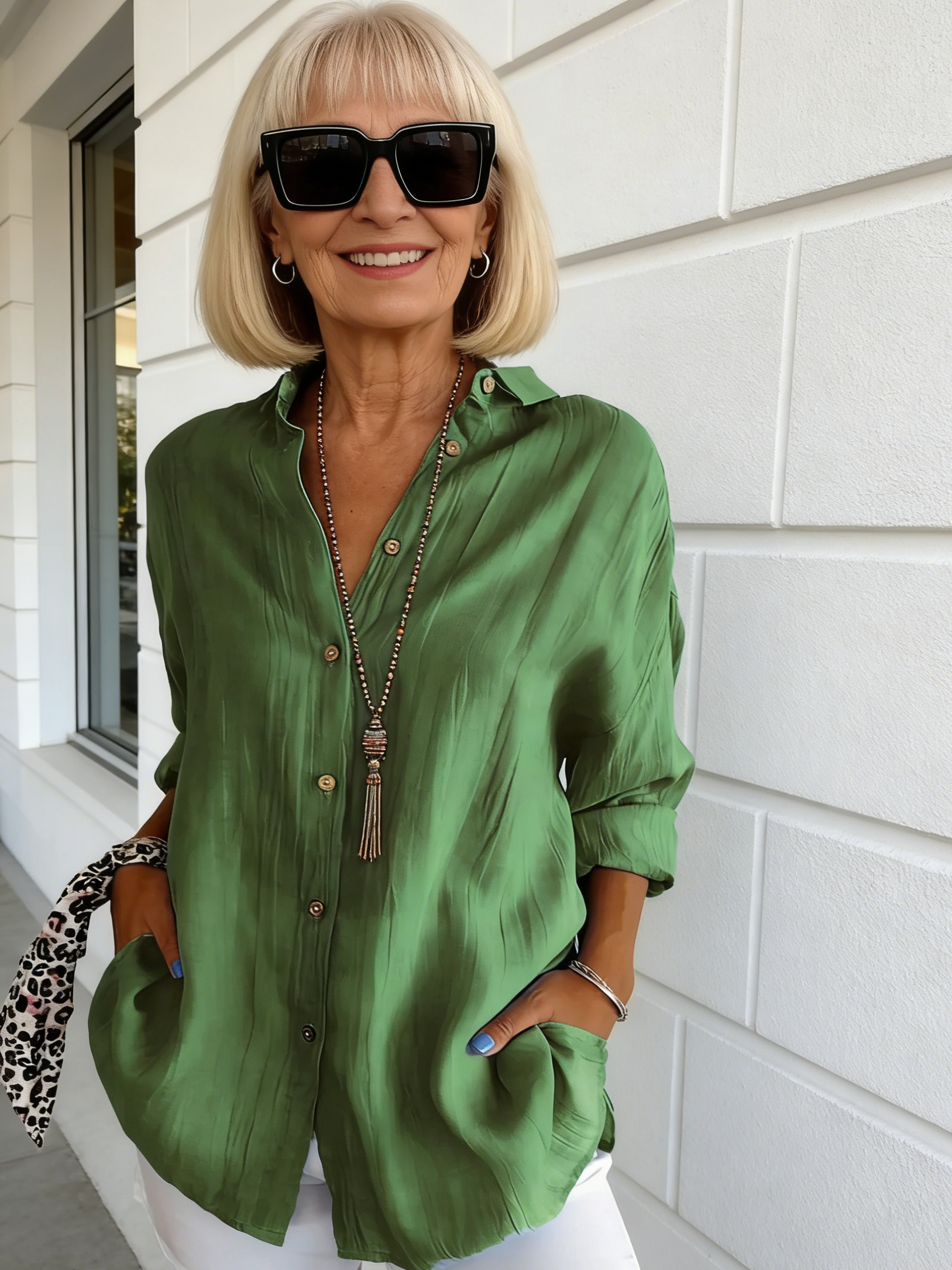 Women's Single-Breasted Pleated Lapel Shirt Solid Color Rollable Sleeves Top