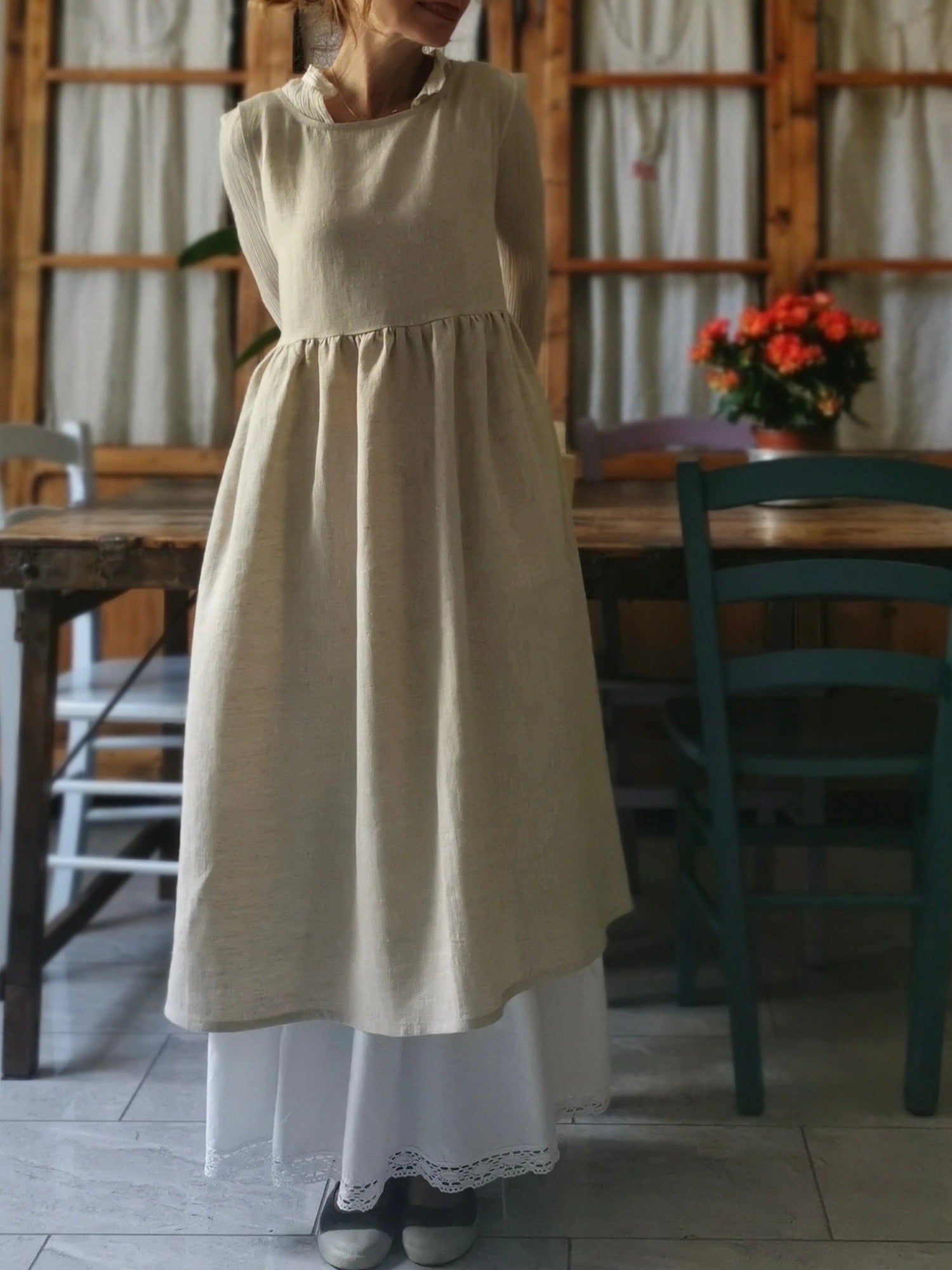 Beige Cotton Apron with Brown Ties