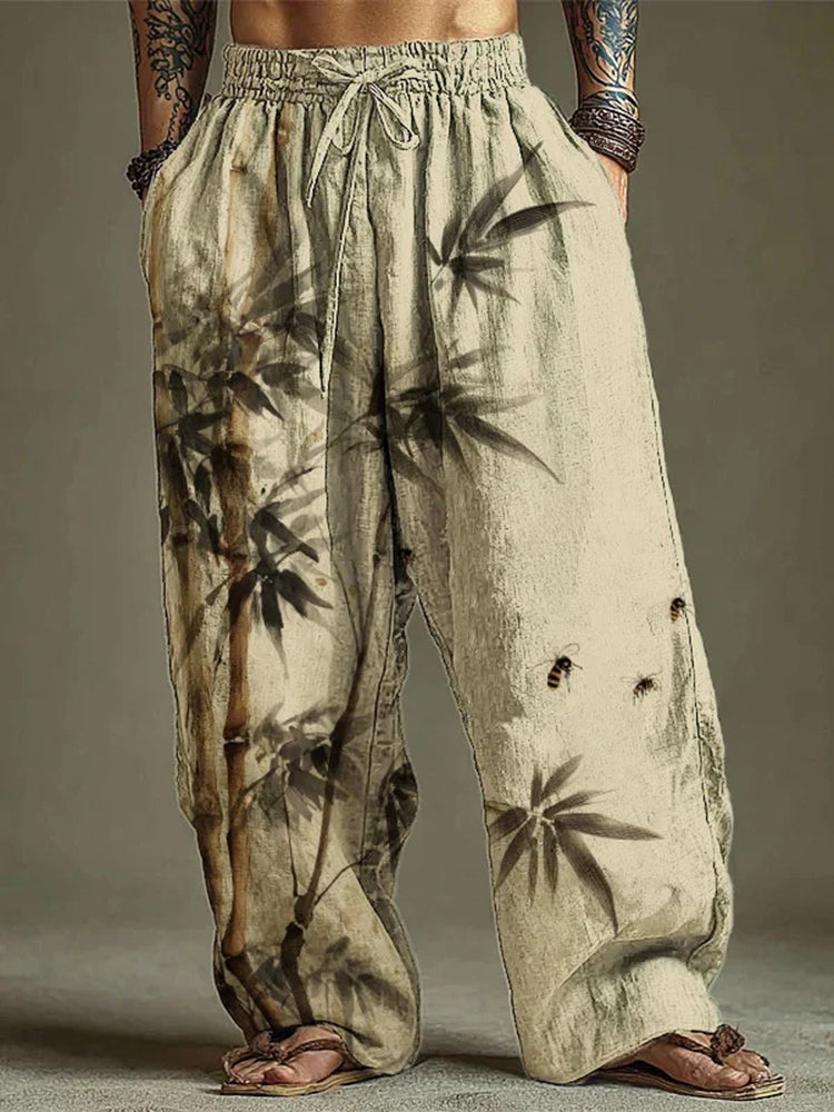 Men's Bamboo And Bees Ink Painting Chinese Style Art Printed Casual Pants
