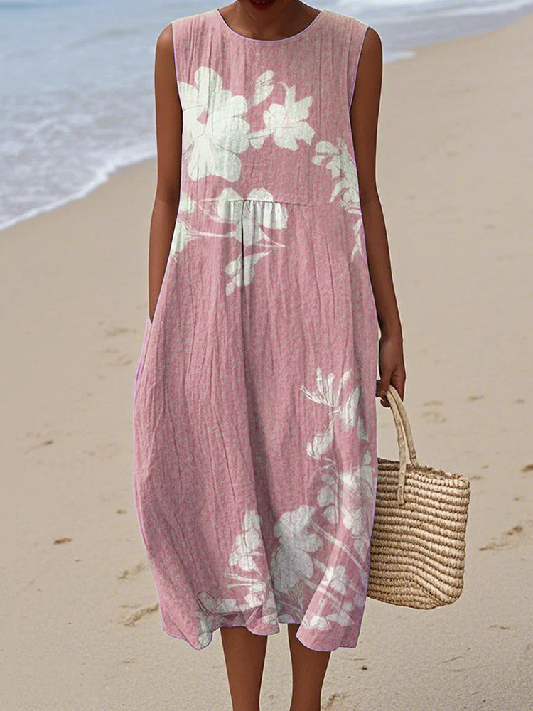 Vintage Loose Floral Art Linen Tank Dress