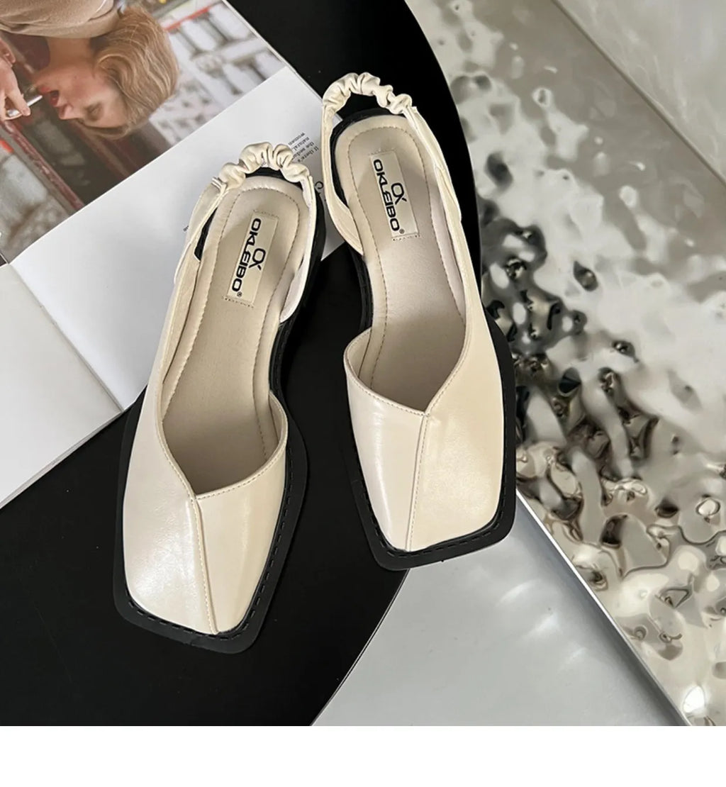 Back Empty Bag Head Sandals Women's Spring and Summer Flat Bottom Wind Square Head Single Shoes French Retro Sandals Outer Wear