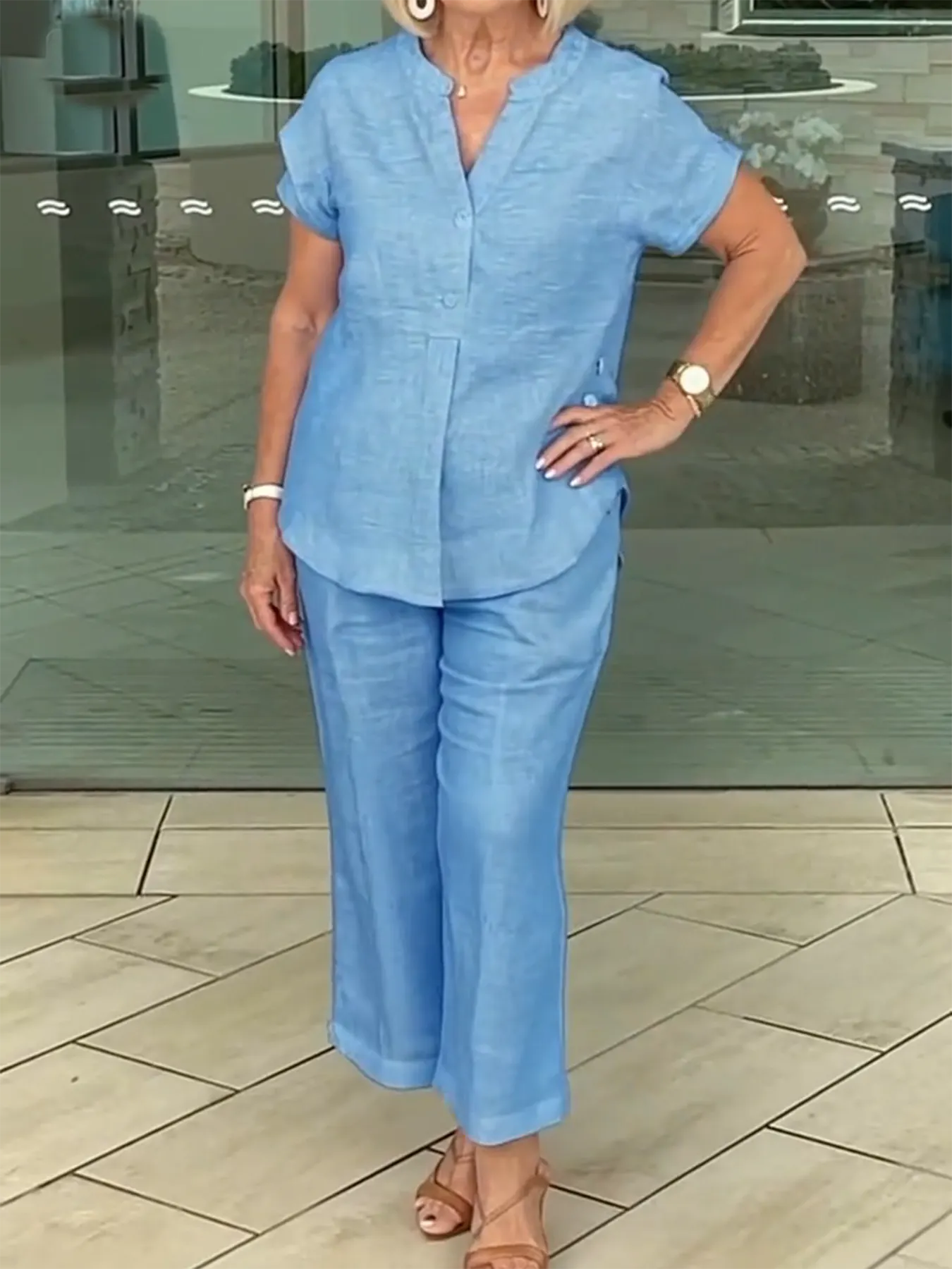 2Pcs Cressia Side Button Top Cotton and Linen Pants