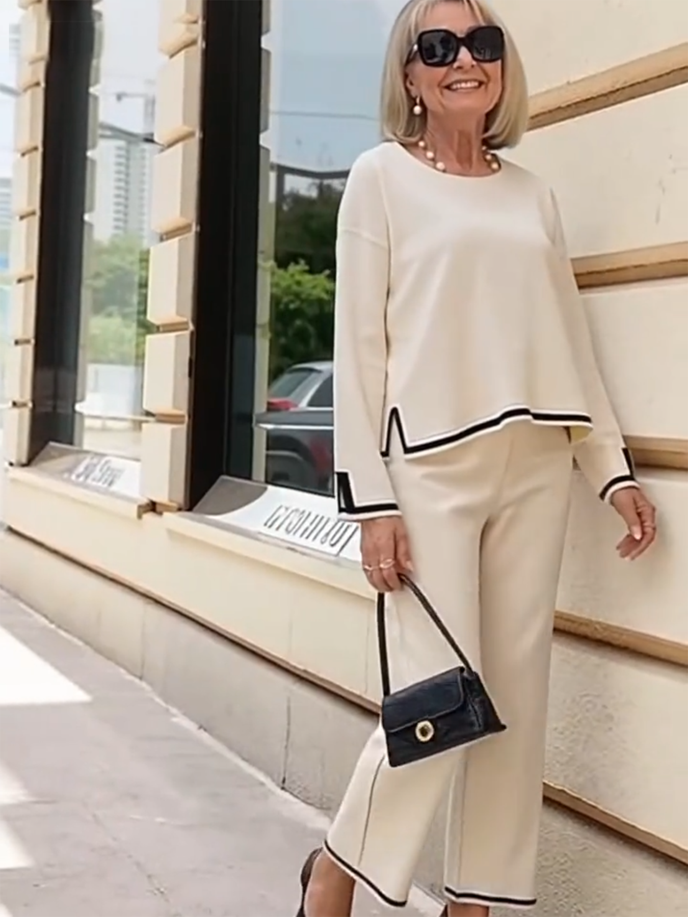 Contrasting Color Split-ended Long-sleeved Knitted Sweater High-waisted and Thin Wide-leg Pants and Trousers Two-piece Set