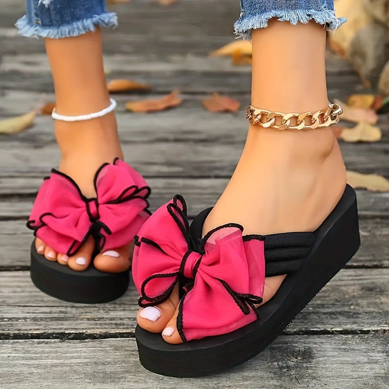 Women's Bowknot Decor Platform Flip Flops, Slip On Casual Non-slip Summer Slides, Vacation Beach Wedge Slides
