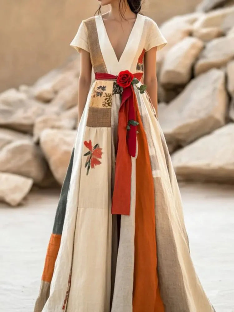 Women's Vintage Floral Art Cotton Linen Maxi Dress