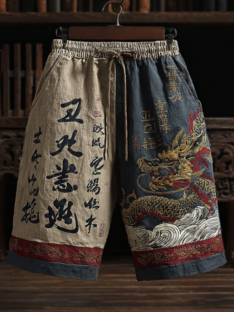 Men's Japanese-style Linen Shorts With Dragon And Calligraphy Patterns