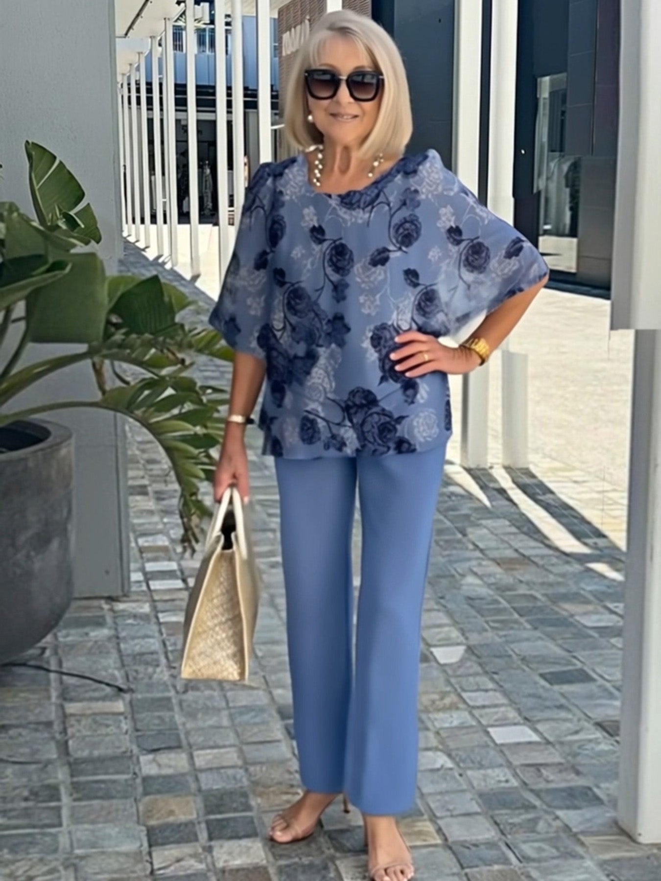 Casual Crew Neck Medium Sleeve Top Printed Floral Pants Set Two-piece Set