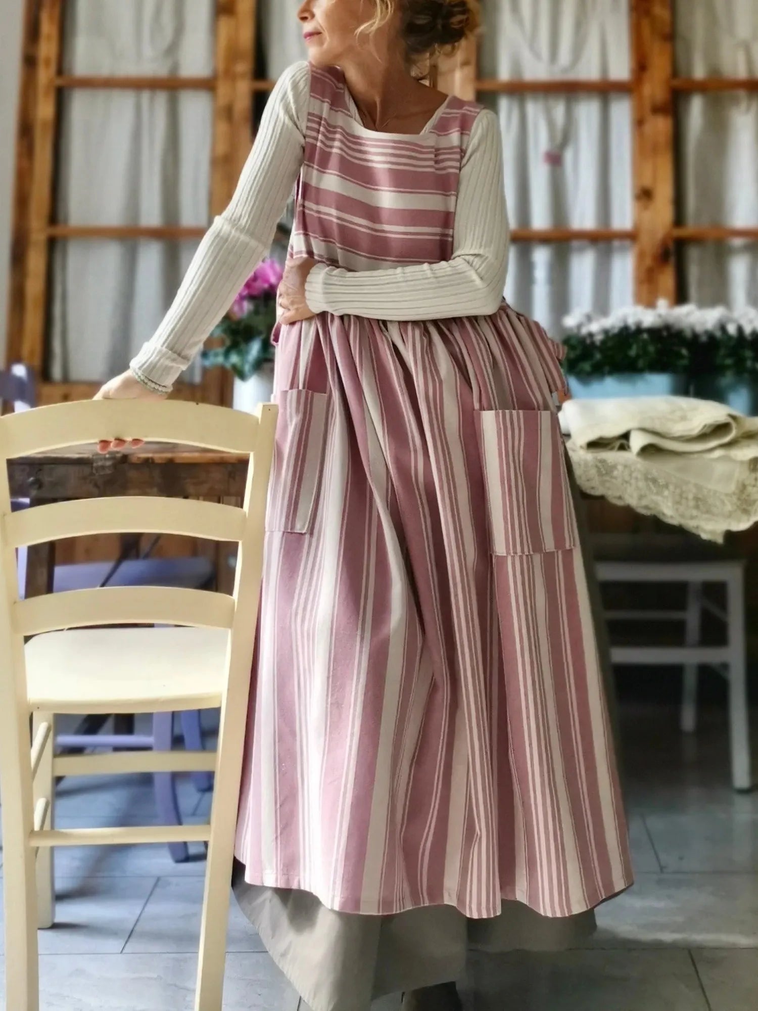 Pink and Cream Striped Cotton Apron