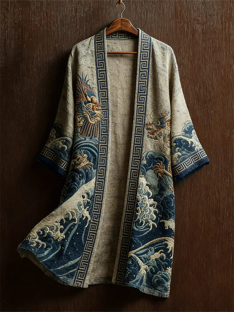 Japanese Dragons & Sea Waves Art Flowy Linen Long Kimono