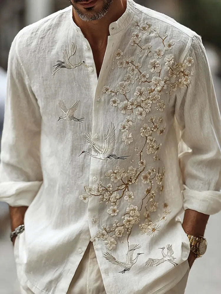 Men's Japanese-style Cherry Blossom With Crane Pattern Linen Blend Shirt