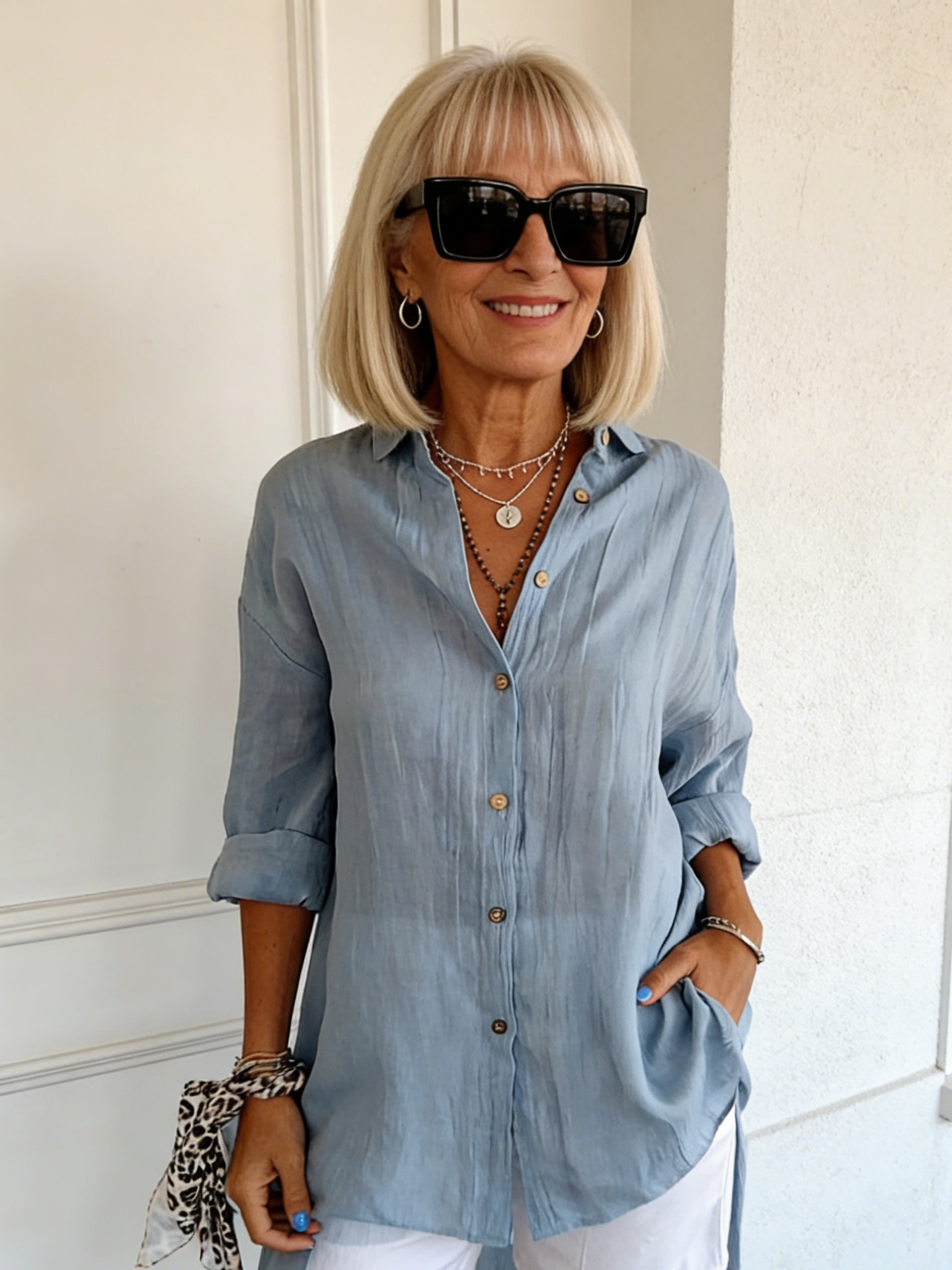 Women's Single-Breasted Pleated Lapel Shirt Solid Color Rollable Sleeves Top