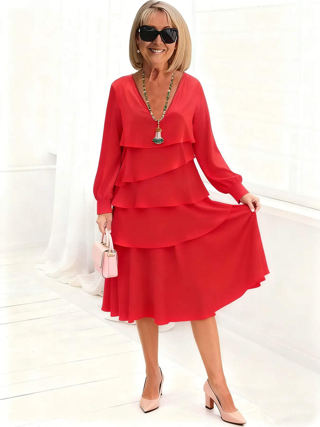 Deep V-Neck Long-sleeved Fashion Cake Skirt Women's Temperament Loose and Thin Round Neck Dress Women