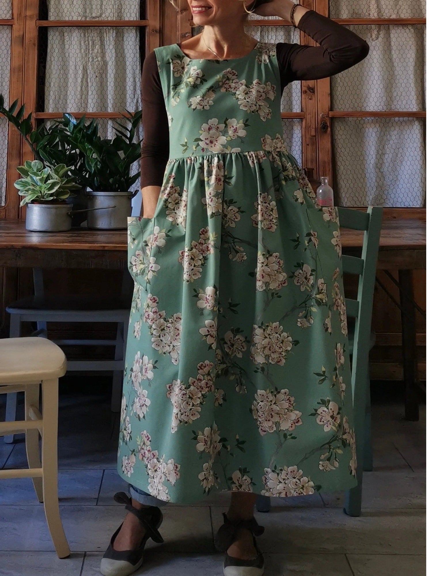 Green Apron with Peach Blossoms