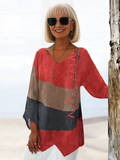 Casual Loose V-neck Irregular Hem Art Print Long Sleeve Tops
