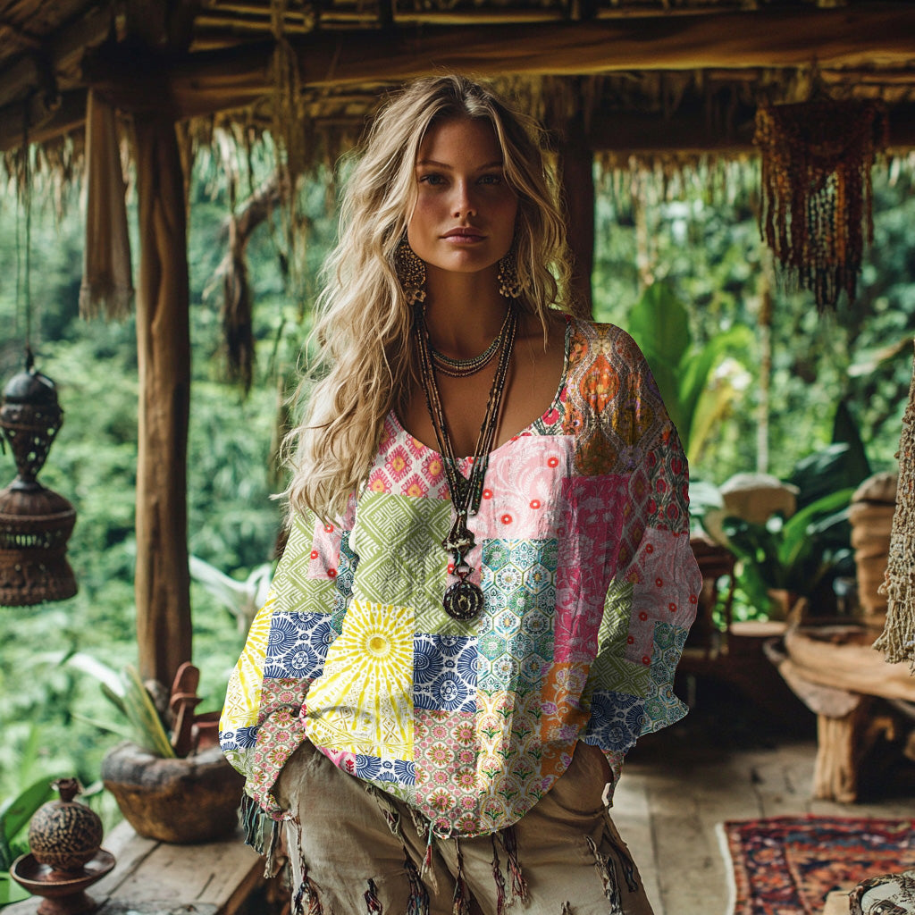 Retro Bohemian Resort Floral Patchwork Art Print Cotton And Linen Blend Loose Blouse