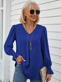 Solid Color Chiffon Shirt V-neck Pullover Horn Long-sleeved Top Shirt