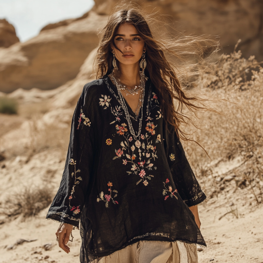 Boho Vintage Floral Embroidery Print Cotton And Linen Blend Loose Blouse