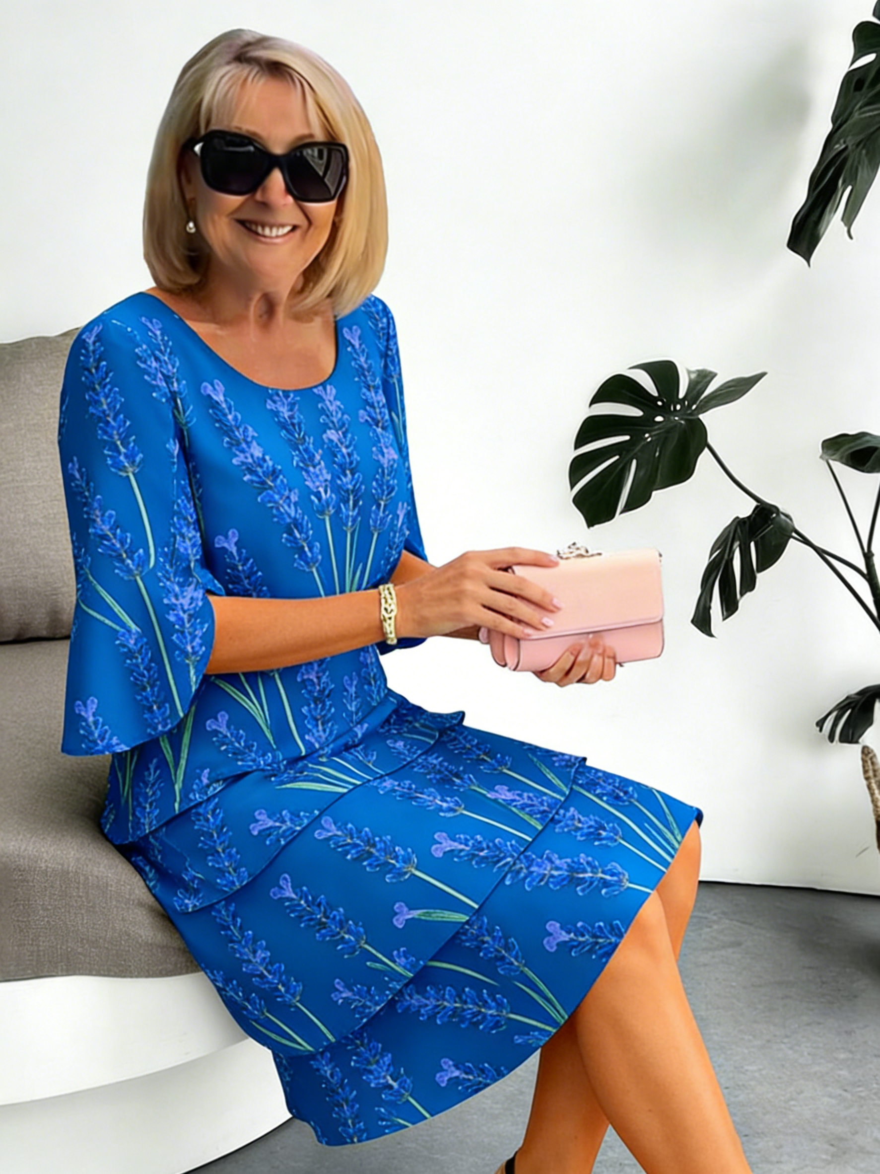Lavender Chiffon Vacation Prints Color Round Neck Cake Skirt Splicing Dress Mid-length