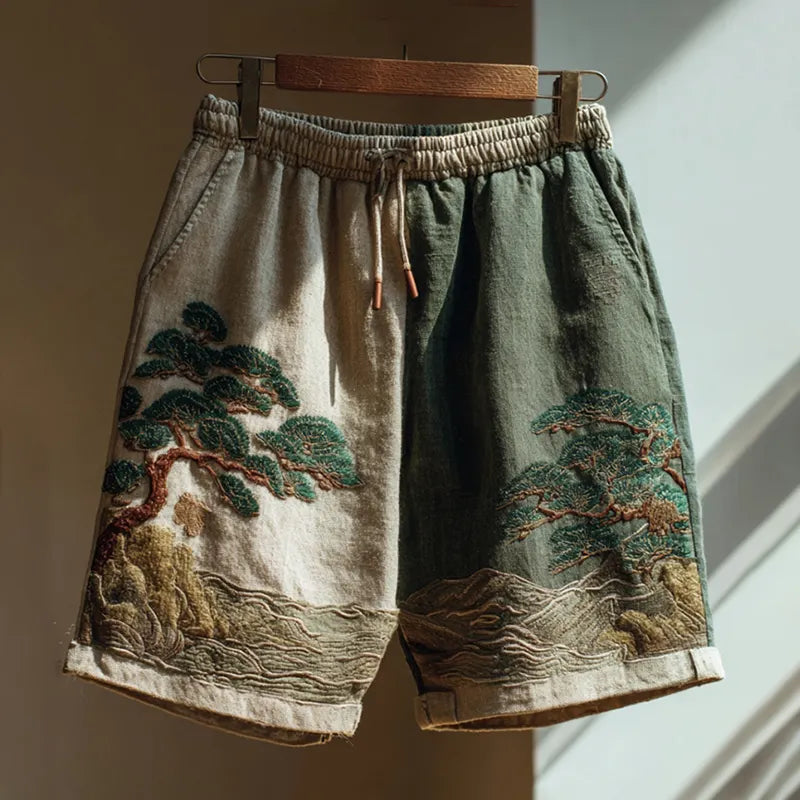 Japanese Pine Tree & Sea Waves Embroidered Art Linen Blend Casual Shorts