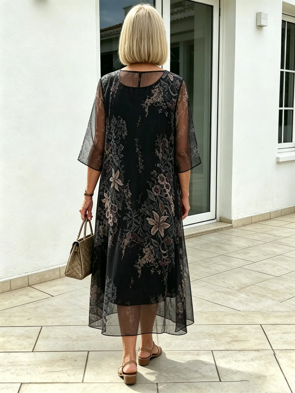 Black Floral Chiffon Midi Dress, Loose Tummy Hiding 3/4 Sleeve Printed Dress for Mature Women