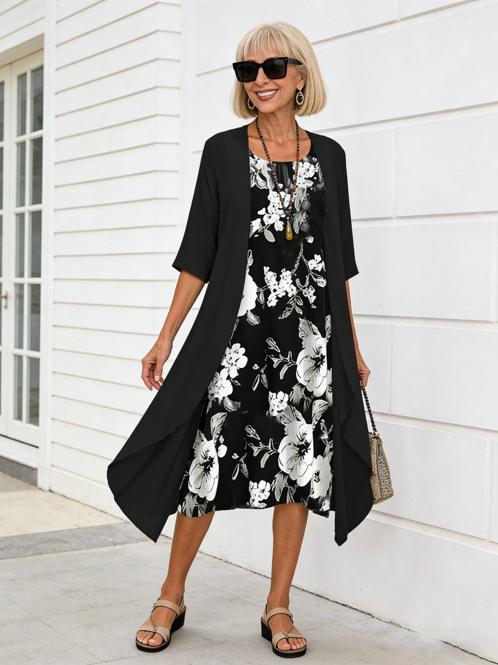 2Pcs Casual Printed Chiffon Dress Two-piece Set