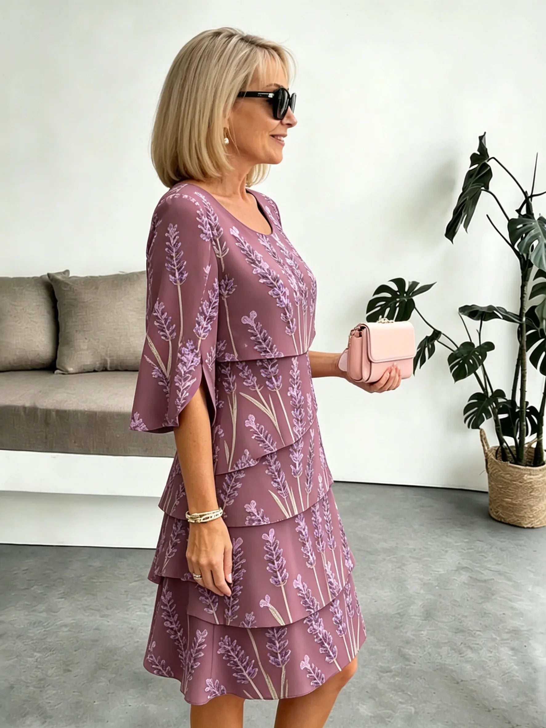 Lavender Chiffon Vacation Prints Color Round Neck Cake Skirt Splicing Dress Mid-length