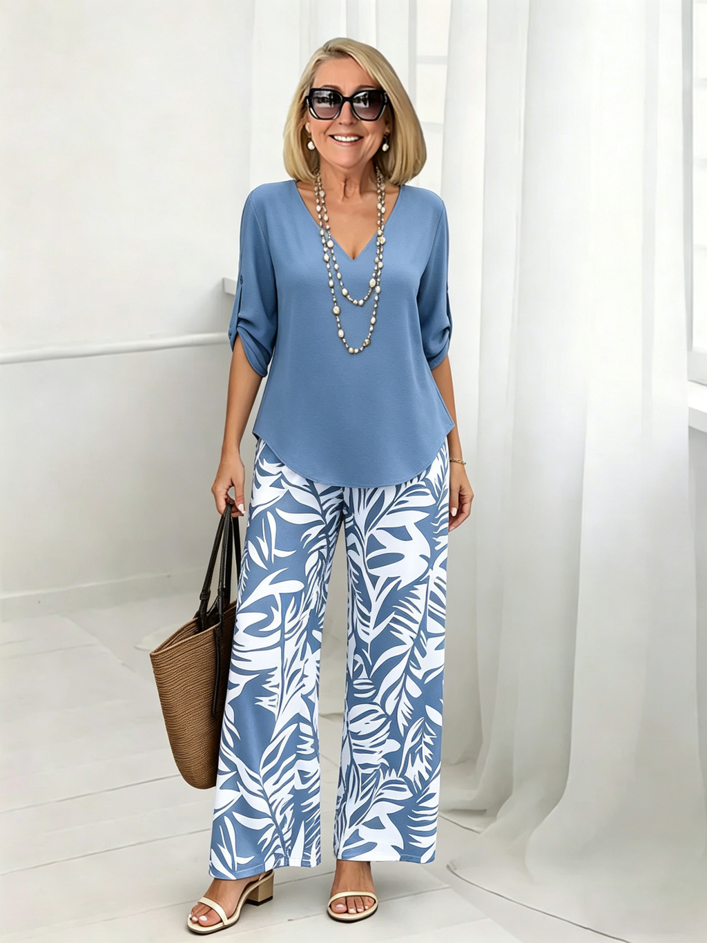 2Pcs Vacation Casual V-neck Long-sleeved Trousers Digital Printing Women's Suit