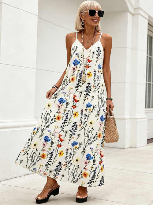 Beach V-neck Slip Print Dress Women's Clothing