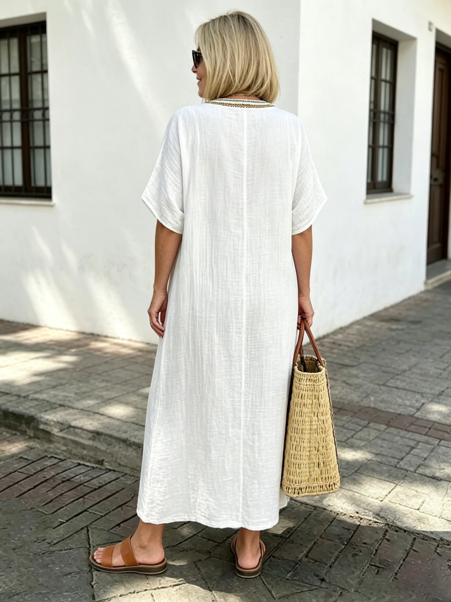 Cotton and Linen Embroidered Split Dress