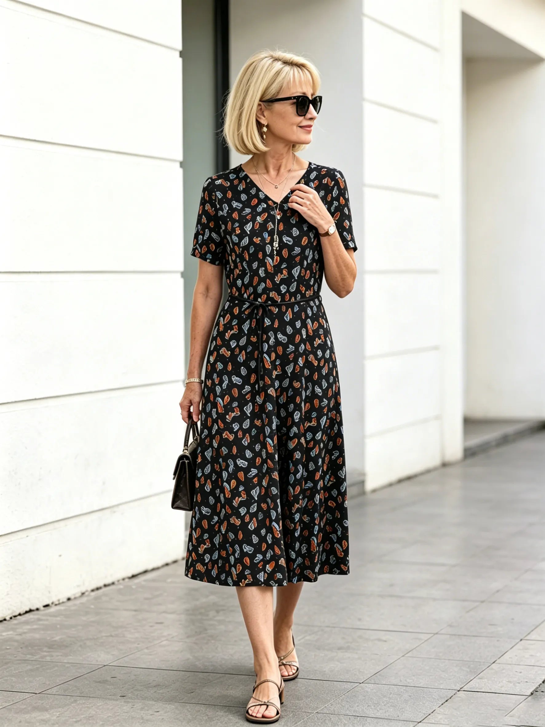 Orange Floral V-Neck Midi Dress, Short Sleeve Elastic Waist Slimming Temperament Long Dress for Mature Women