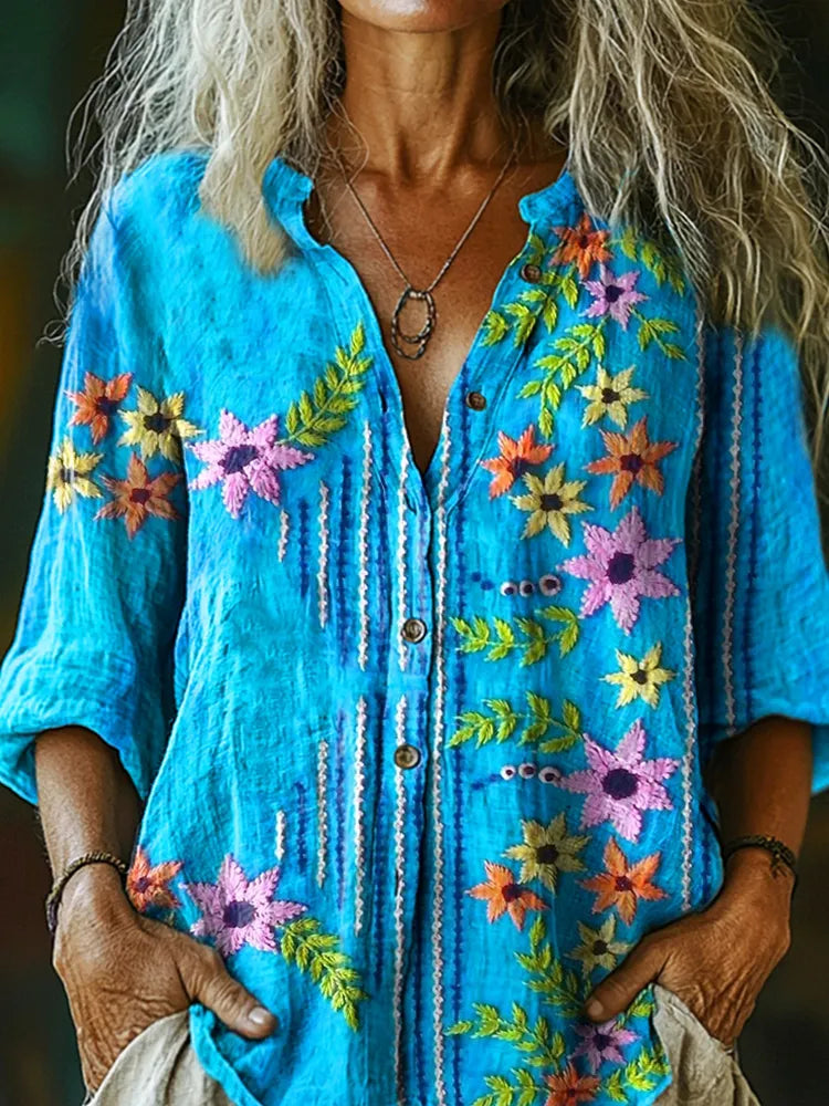 Women's Ethnic Floral Print Casual Cotton And Linen Shirt