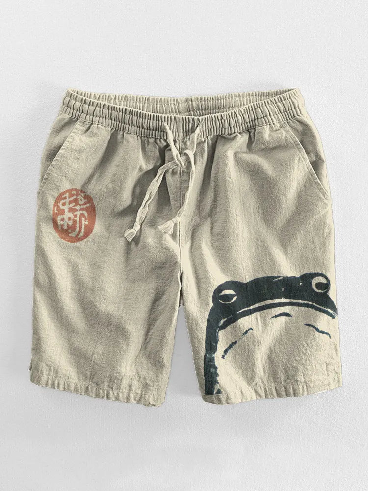 Japanese Art Frog Print Casual Cozy Cotton Linen Shorts