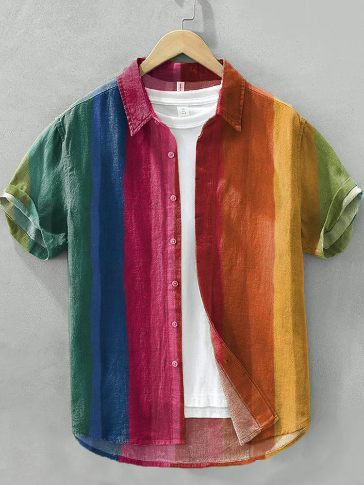 Men's Multicolor Striped Linen Blend Boho Shirt