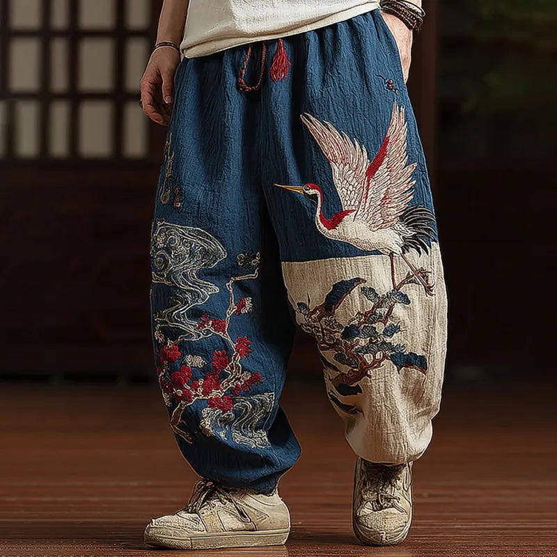 Men's Japanese Red-crowned Crane Art Contrast Wide Leg Linen Pants