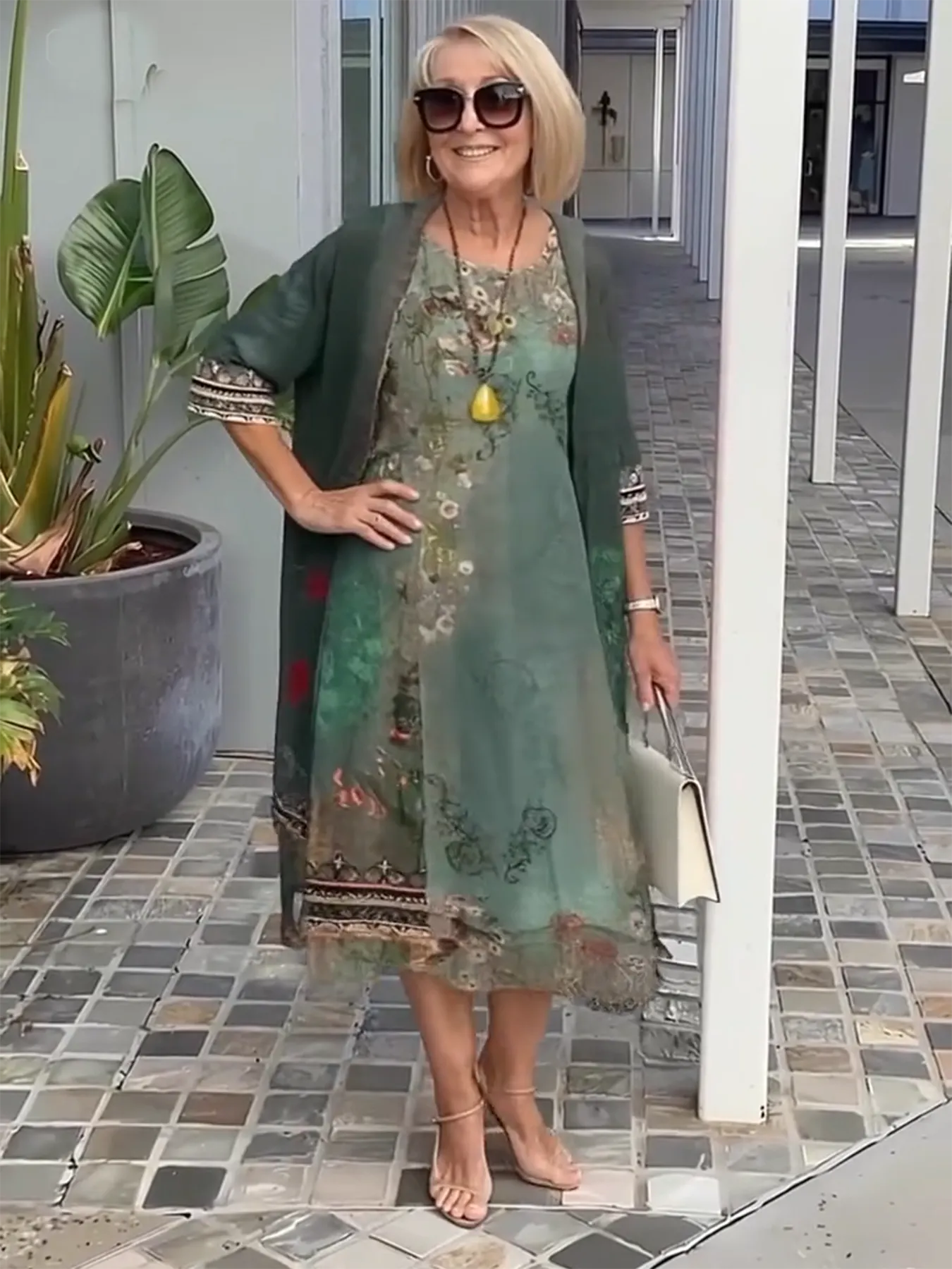 3/4 Sleeve Printing Coat & Dress Two-Piece Suit