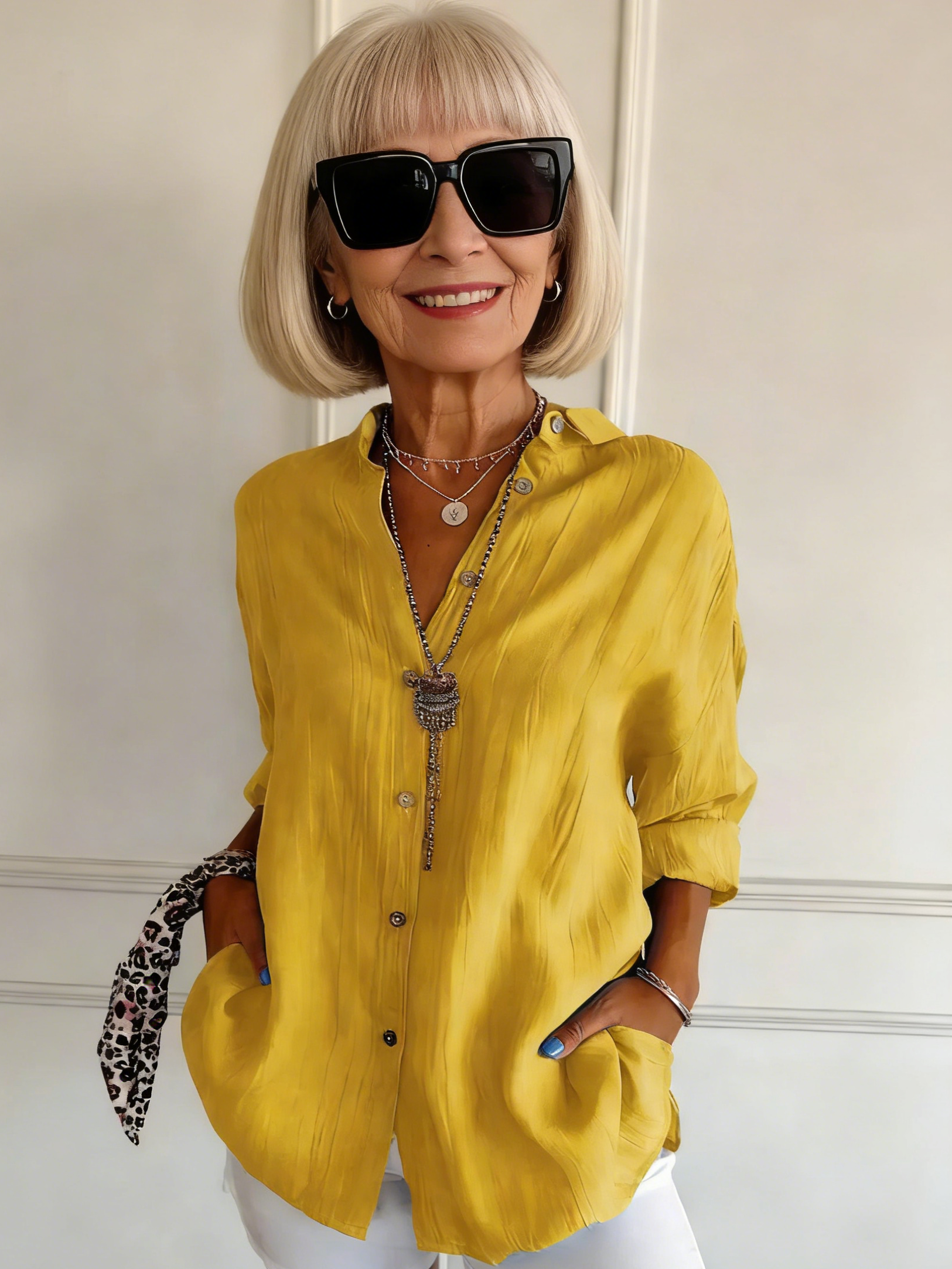 Women's Single-Breasted Pleated Lapel Shirt Solid Color Rollable Sleeves Top