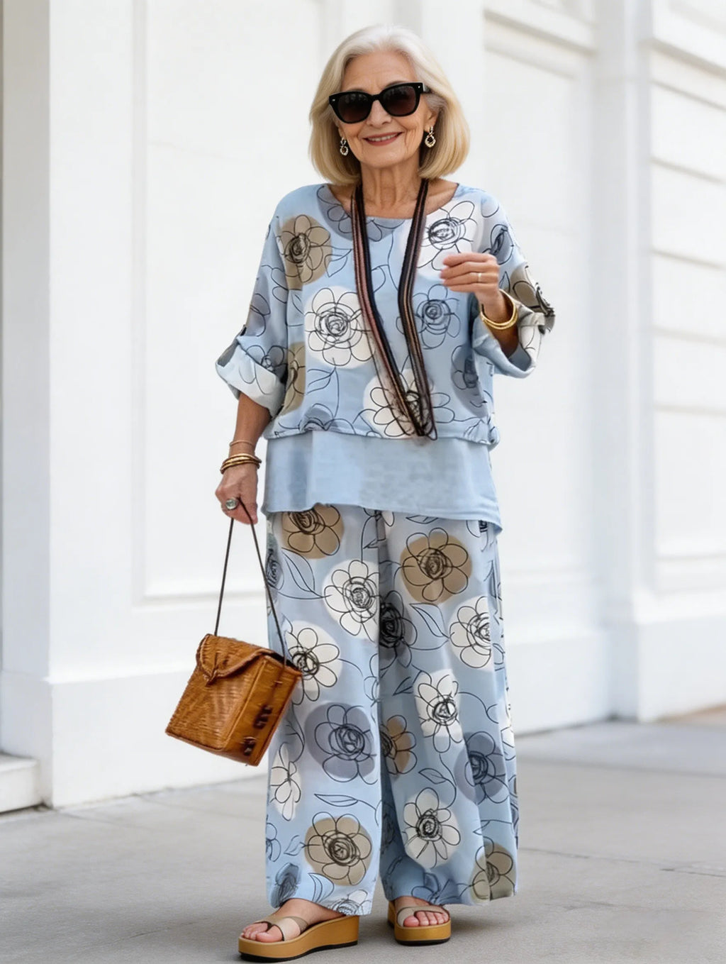 2Pcs Women's Crew Neck Print Fashion Casual Two-Piece Loose Pants