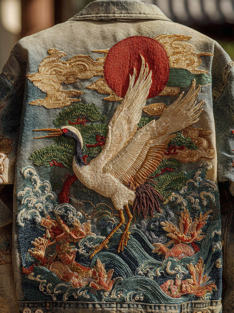 Men's Vintage Japanese Crane And Wave Embroidered Denim Jacket