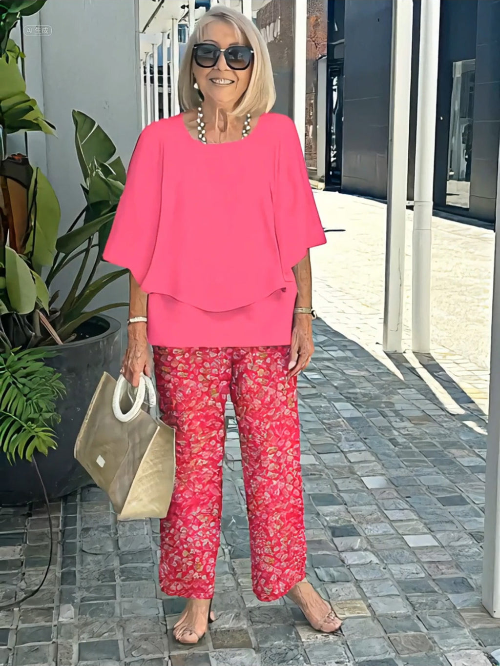 Casual Crew Neck Medium Sleeve Top Printed Floral Pants Set Two-piece Set