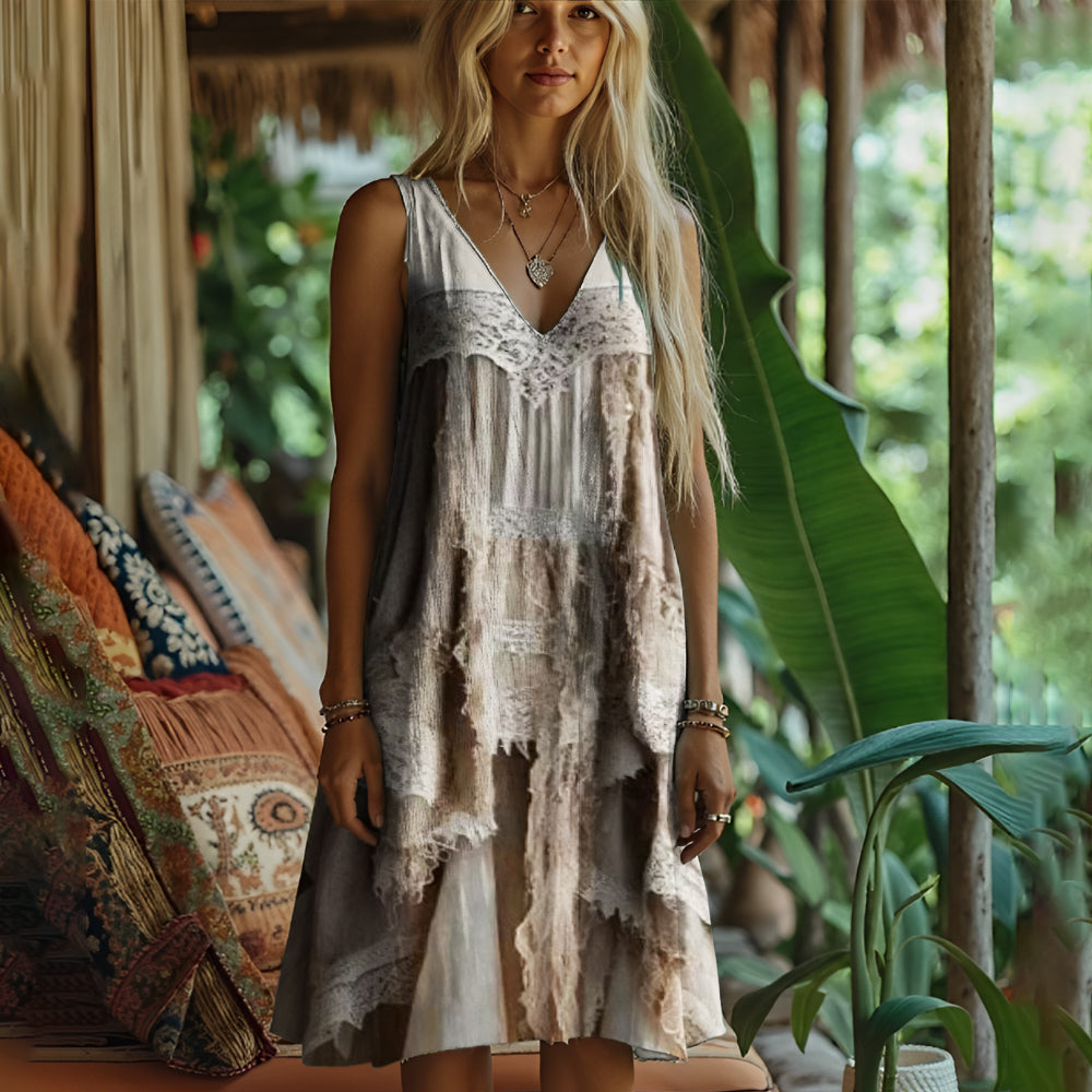 Bohemian Lace Patchwork Art Women's Linen Vest Dress