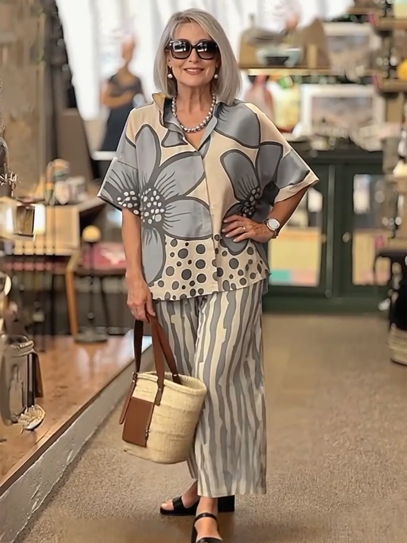 2Pcs Lapel Loose Geometric Printing Casual Set