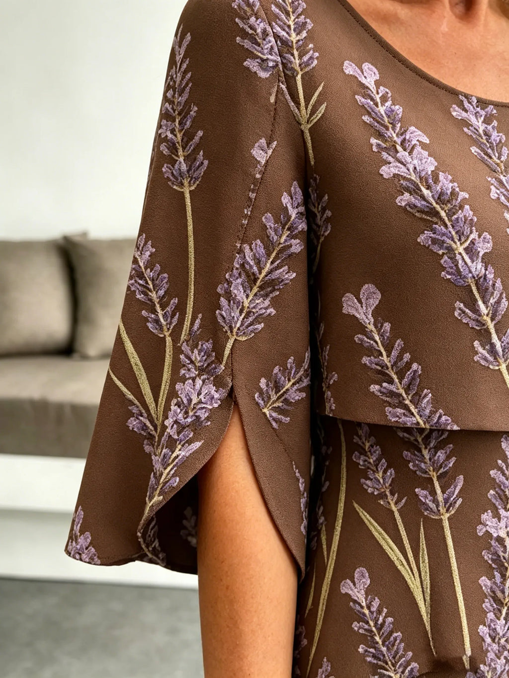 Lavender Chiffon Vacation Prints Color Round Neck Cake Skirt Splicing Dress Mid-length