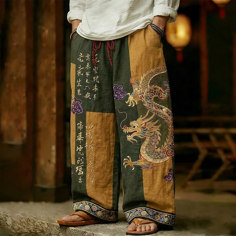 Men's Vintage Japanese Calligraphy Dragon Art Pattern Linen Blend Pants