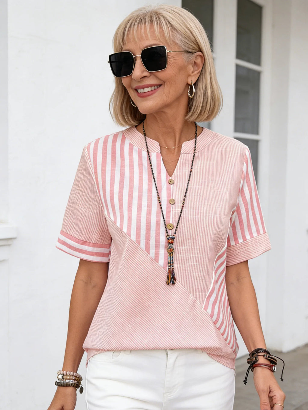 Women Blouse Casual Striped Short Sleeve Notched Regular Loose Shirt